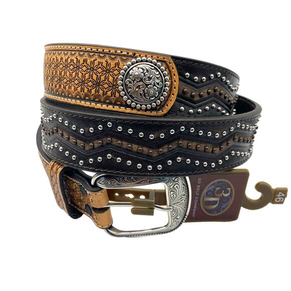 3D Studded Tooled Leather Western Belt Men 46 Tan Brown Ornate Cowboy Rodeo NWT - Picture 1 of 6